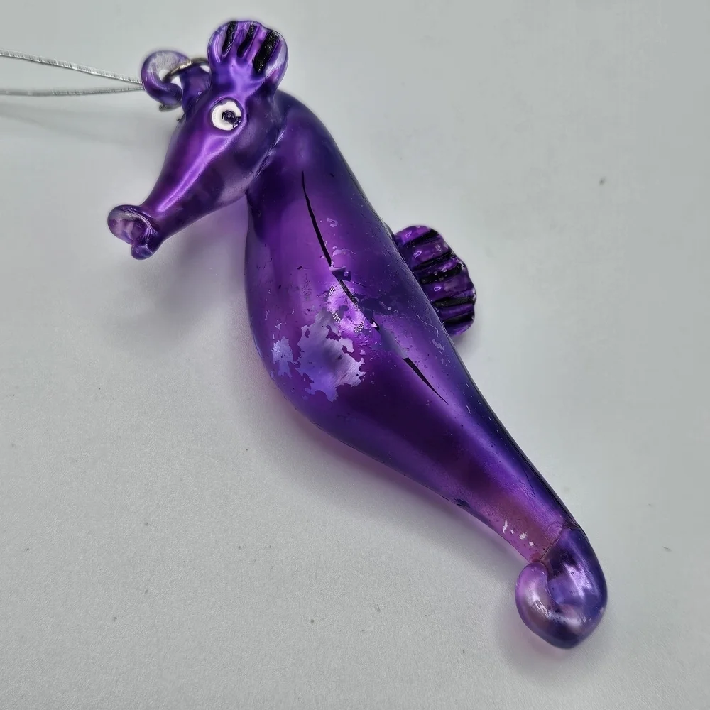 VINTAGE Bright Purple Art Glass Seahorse Christmas Ornament Ocean